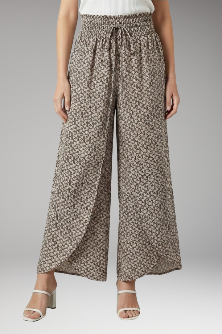Women's Palazzo Trousers with Elastic Waist and Pattern
