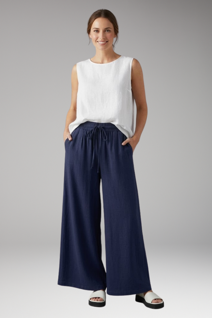 Women's Palazzo Trousers with Elastic Waist and Pockets