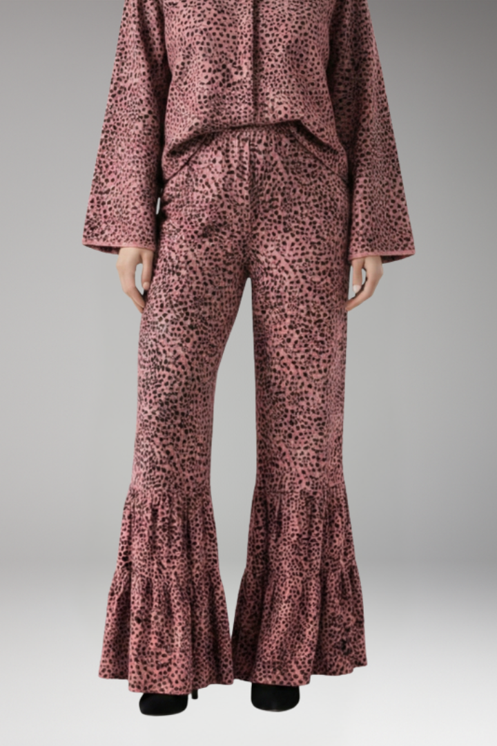 Women's Palazzo Trousers with Elastic Waist and Ruffle Hem