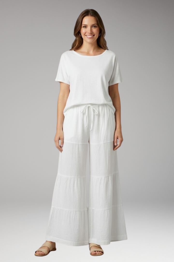 Women's Palazzo Trousers with Elastic Waist and Tiered Legs