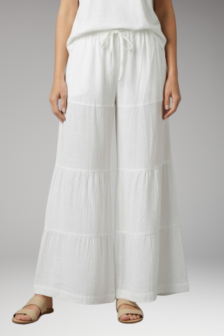 Women's Palazzo Trousers with Elastic Waist and Tiered Legs