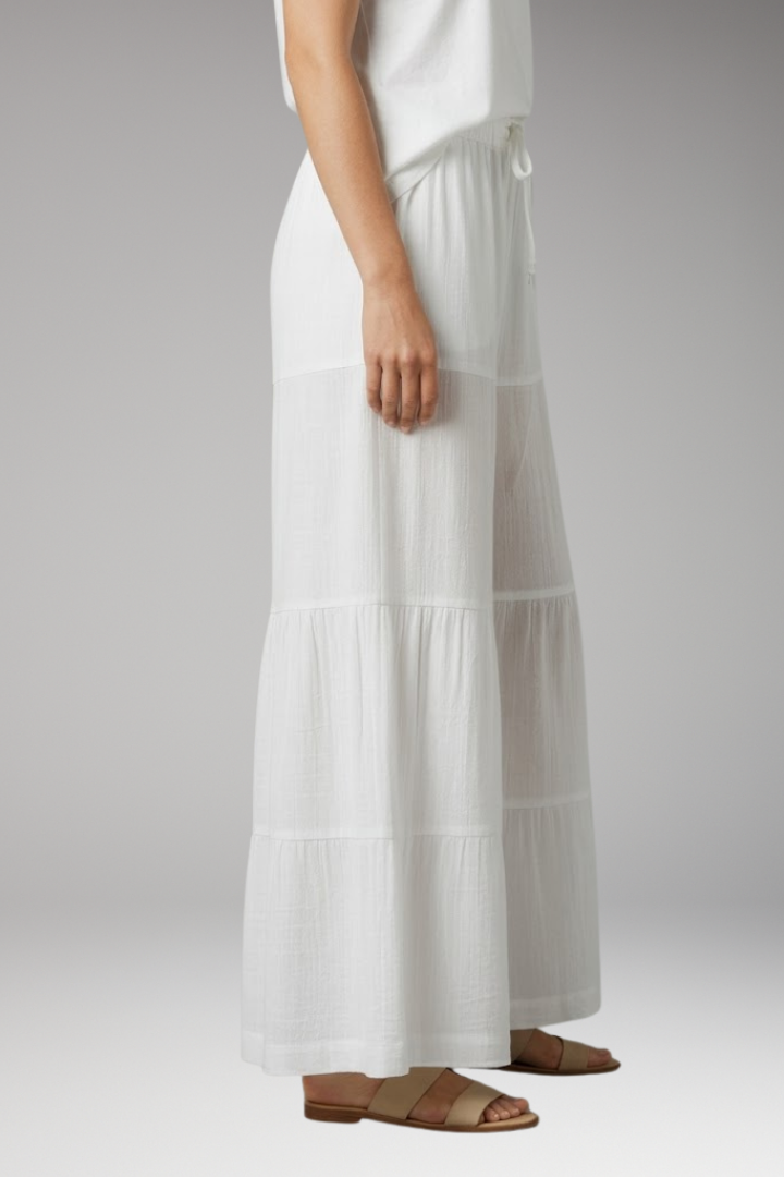 Women's Palazzo Trousers with Elastic Waist and Tiered Legs