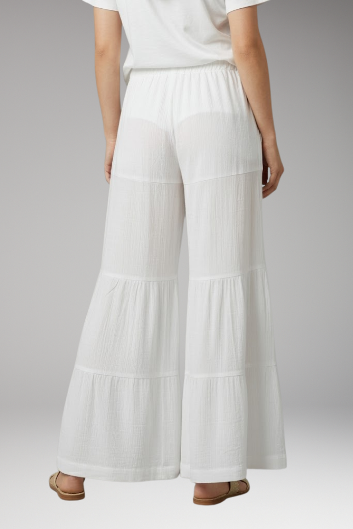 Women's Palazzo Trousers with Elastic Waist and Tiered Legs