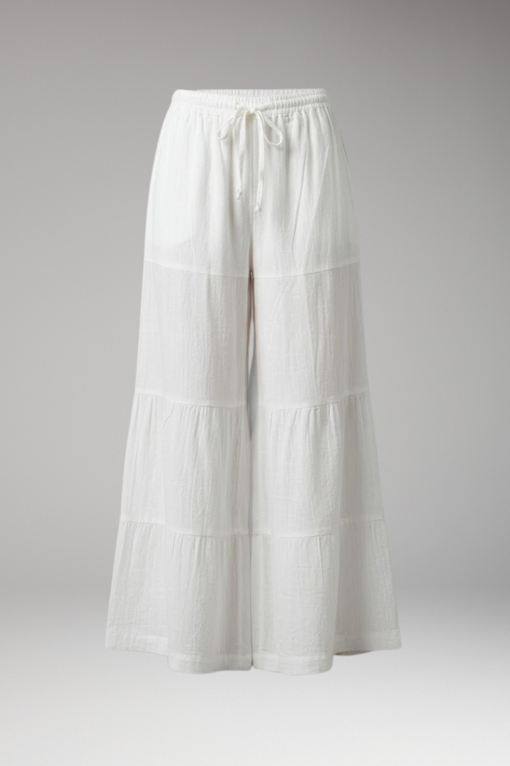 Women's Palazzo Trousers with Elastic Waist and Tiered Legs