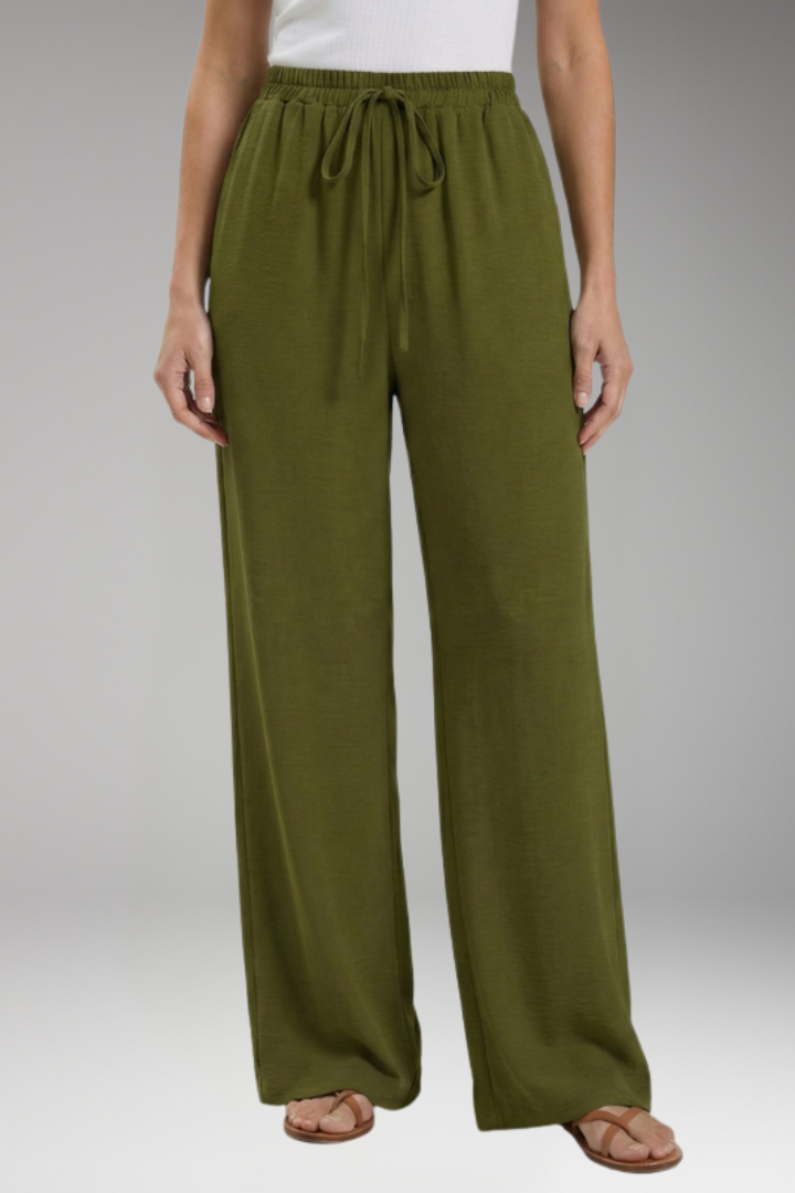 Women's Palazzo Trousers with Elastic Waistband Drawstring