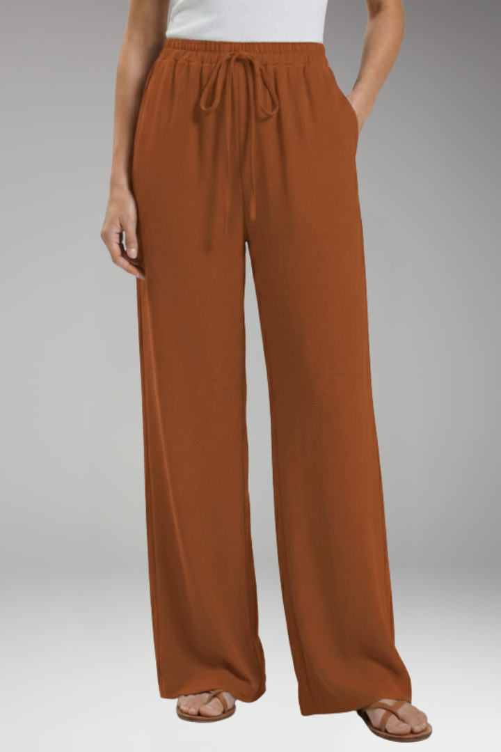 Women's Palazzo Trousers with Elastic Waistband Drawstring