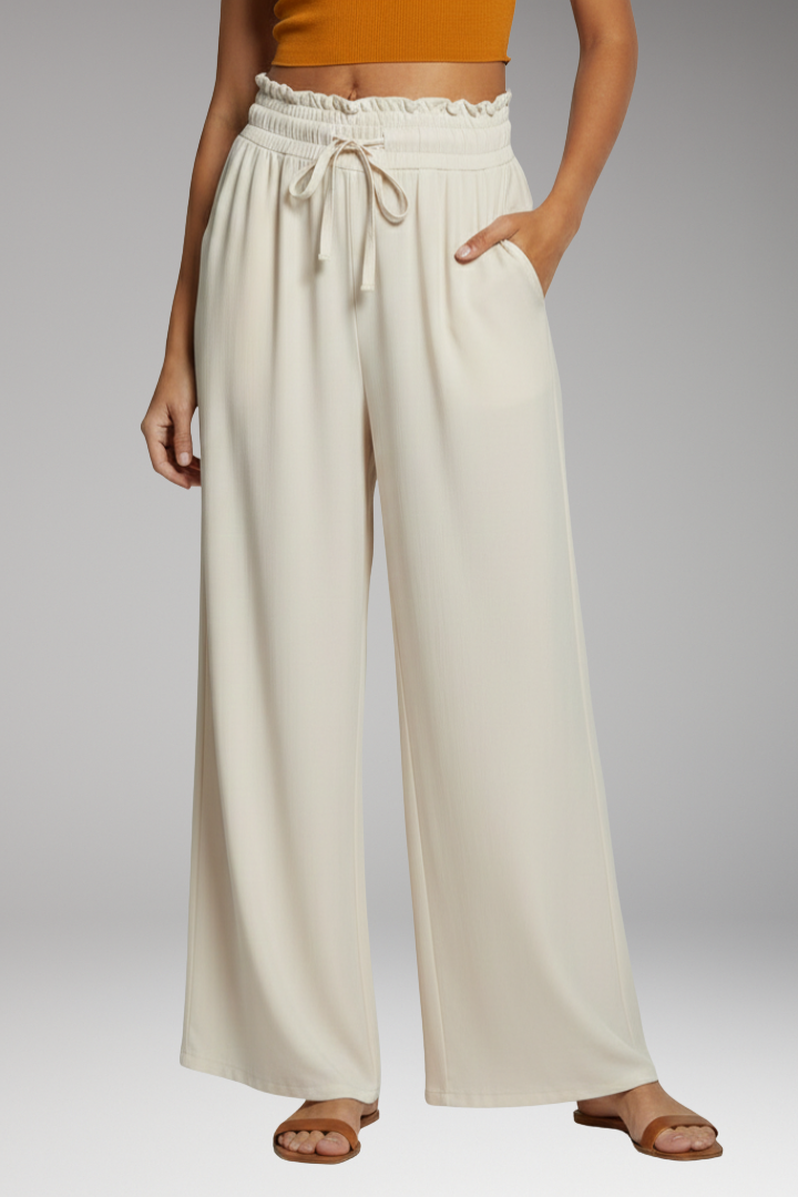 Women's Palazzo Trousers with Elastic Waistband and Pockets
