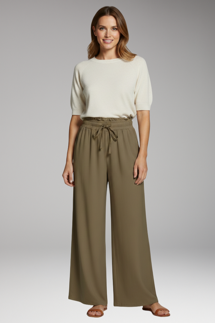Women's Palazzo Trousers with Elastic Waistband and Pockets