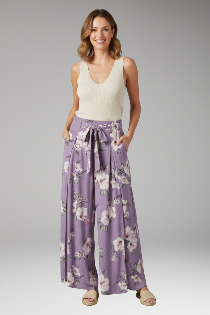 Women's Palazzo Trousers with Floral Pattern and Tie Waist