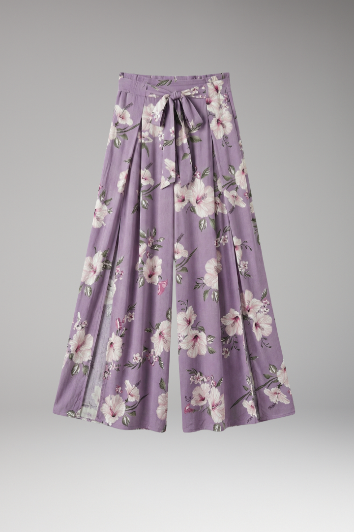Women's Palazzo Trousers with Floral Pattern and Tie Waist