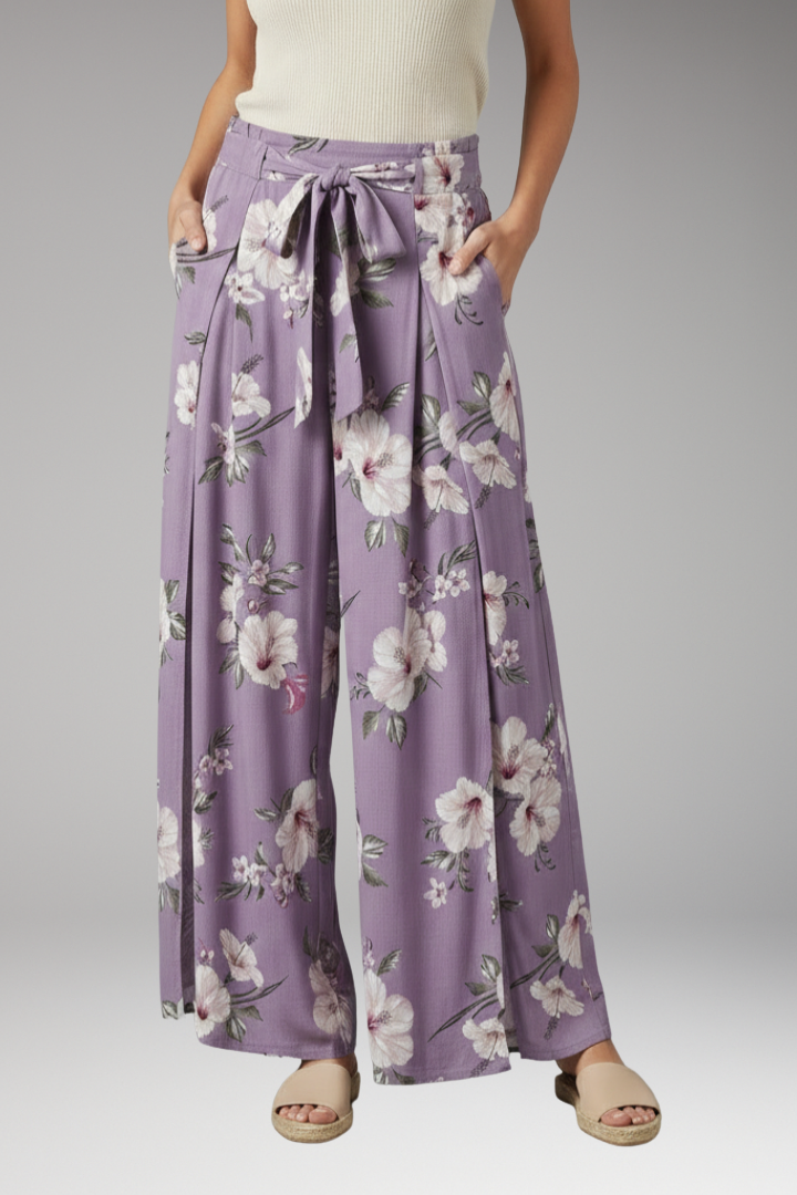 Women's Palazzo Trousers with Floral Pattern and Tie Waist