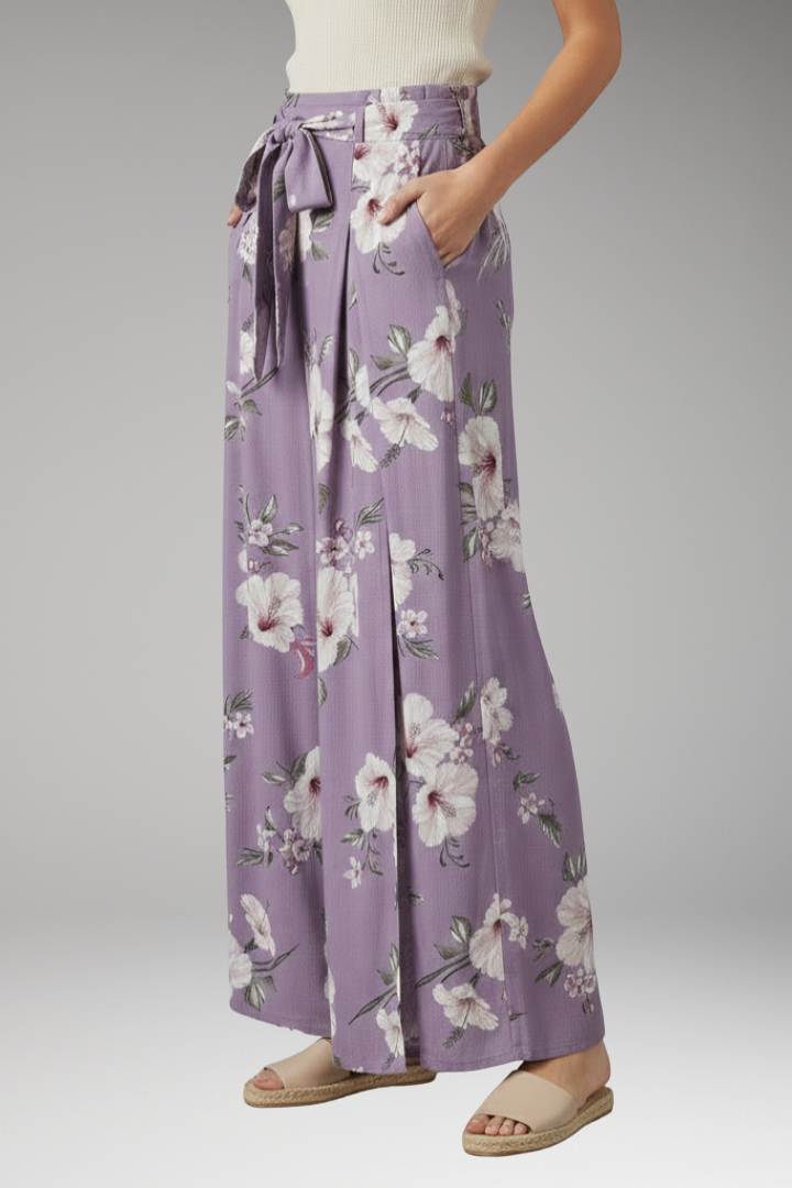 Women's Palazzo Trousers with Floral Pattern and Tie Waist
