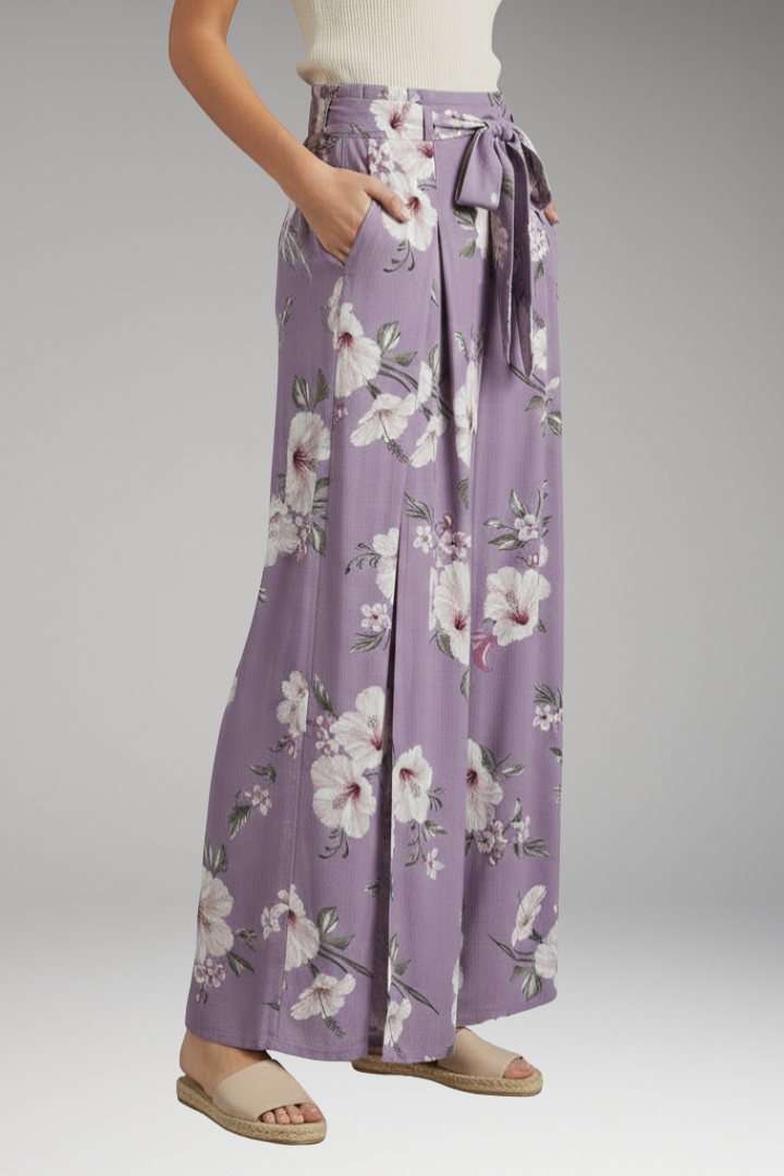 Women's Palazzo Trousers with Floral Pattern and Tie Waist