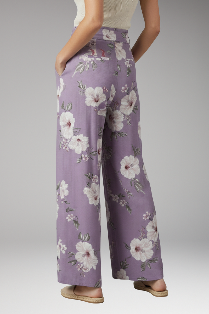 Women's Palazzo Trousers with Floral Pattern and Tie Waist