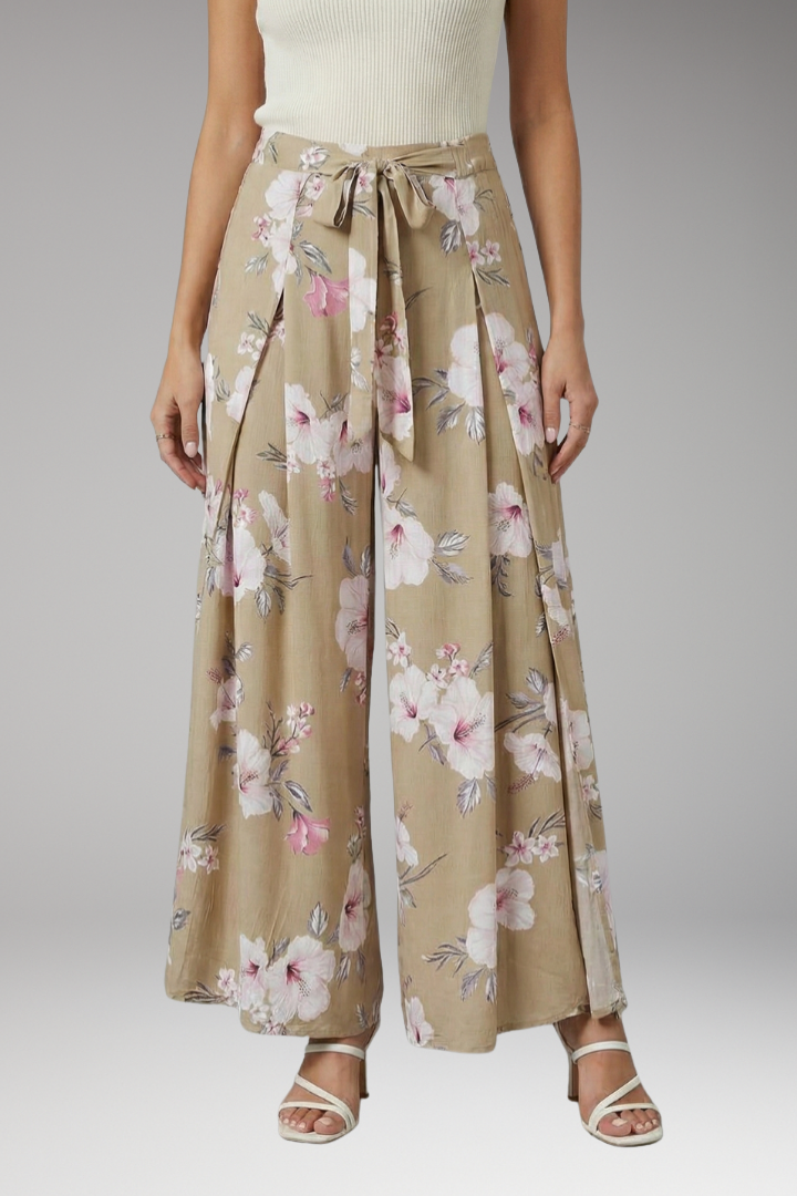 Women's Palazzo Trousers with Floral Pattern and Tie Waist