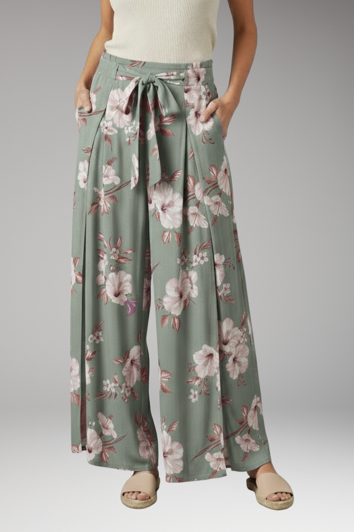 Women's Palazzo Trousers with Floral Pattern and Tie Waist