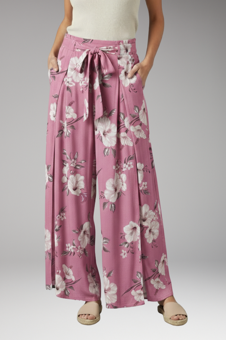 Women's Palazzo Trousers with Floral Pattern and Tie Waist