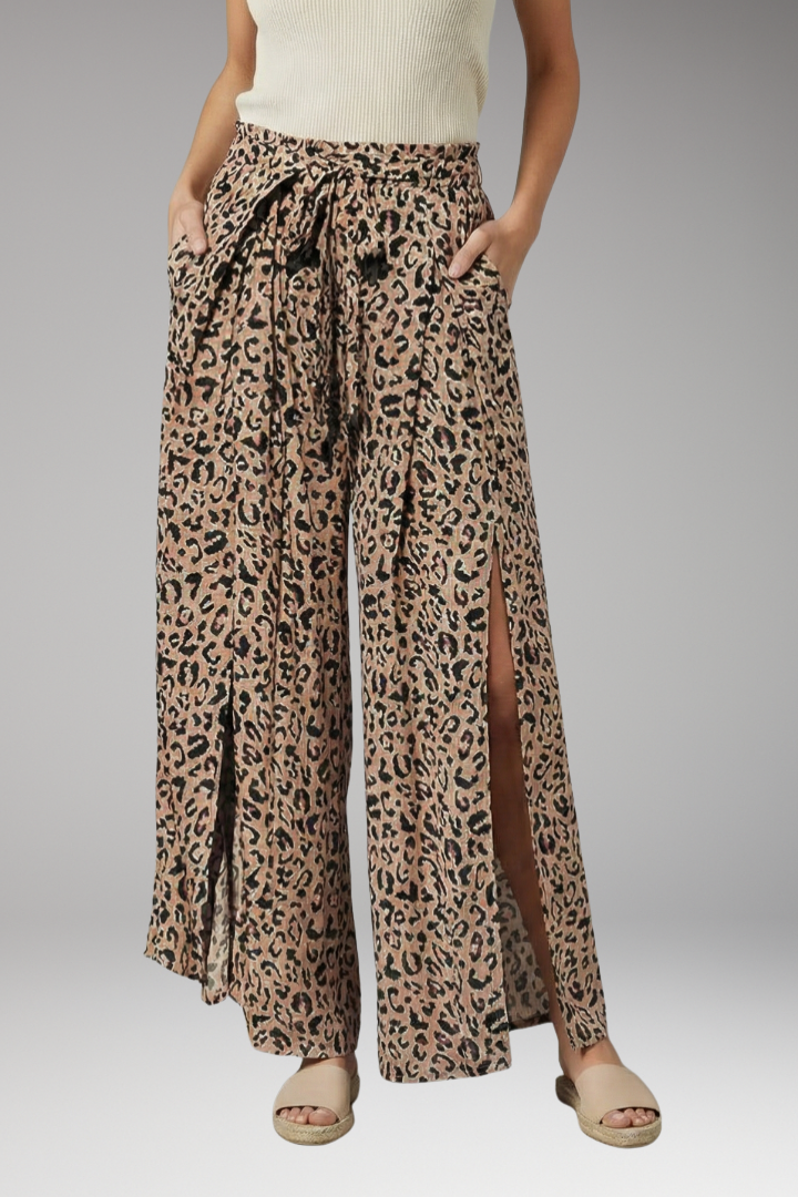 Women's Palazzo Trousers with Floral Pattern and Tie Waist