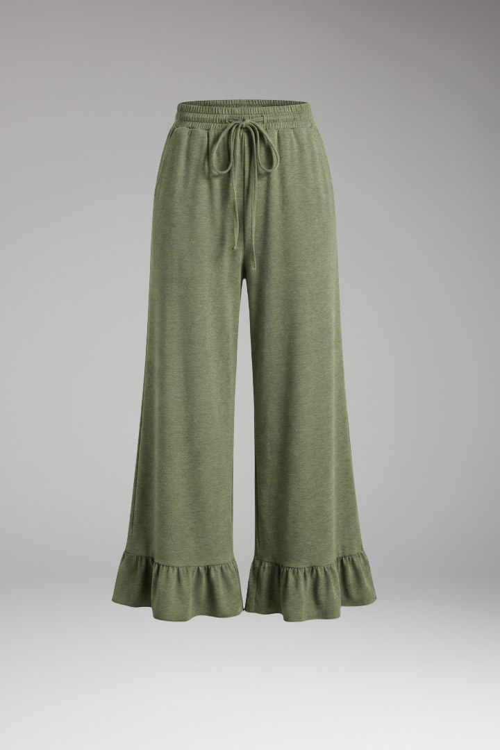 Women's Palazzo Trousers with Ruffle Hem and Elastic Waist