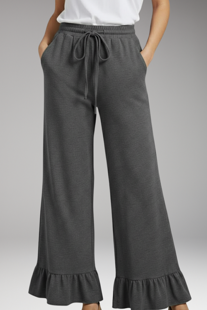 Women's Palazzo Trousers with Ruffle Hem and Elastic Waist