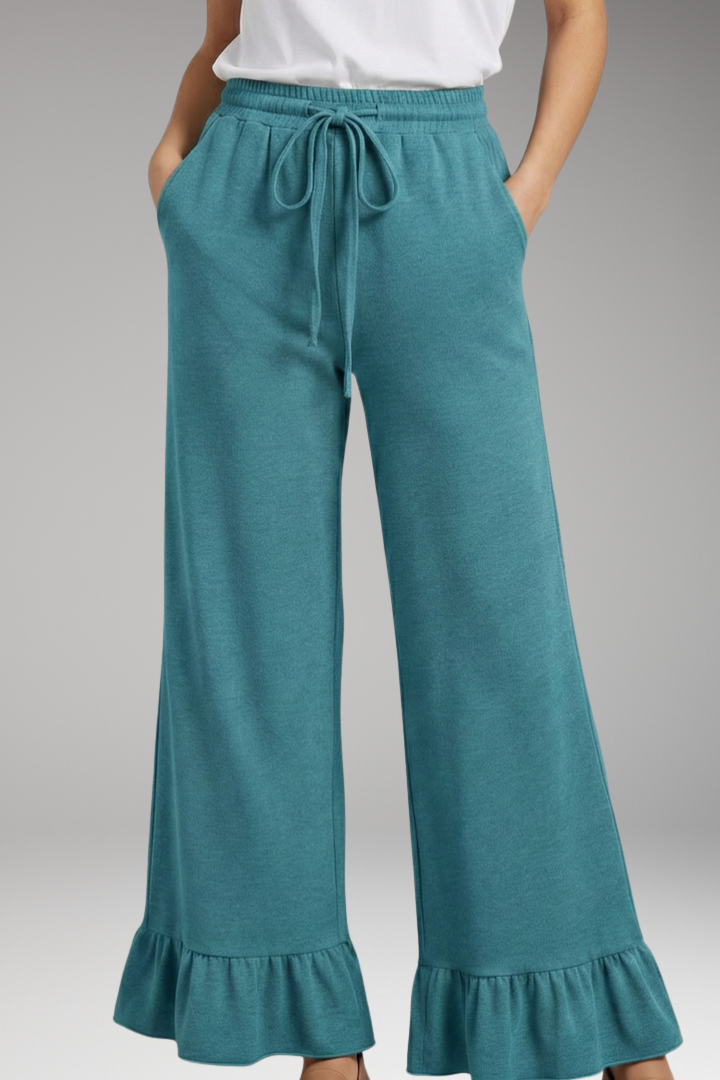 Women's Palazzo Trousers with Ruffle Hem and Elastic Waist