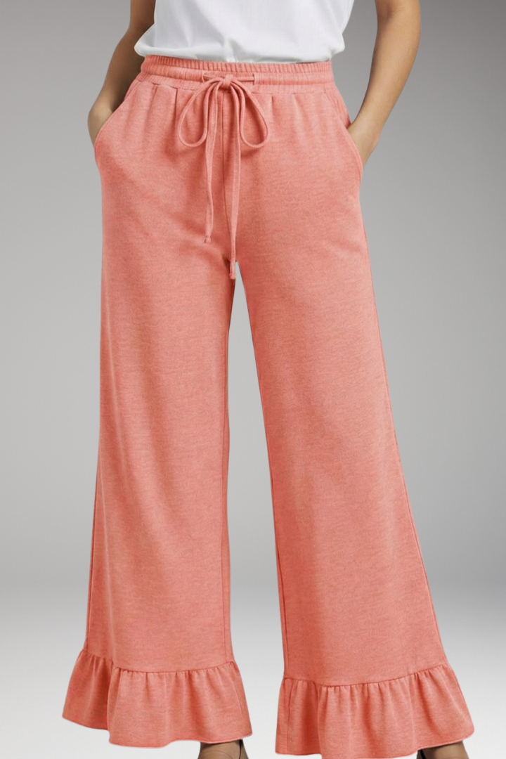 Women's Palazzo Trousers with Ruffle Hem and Elastic Waist