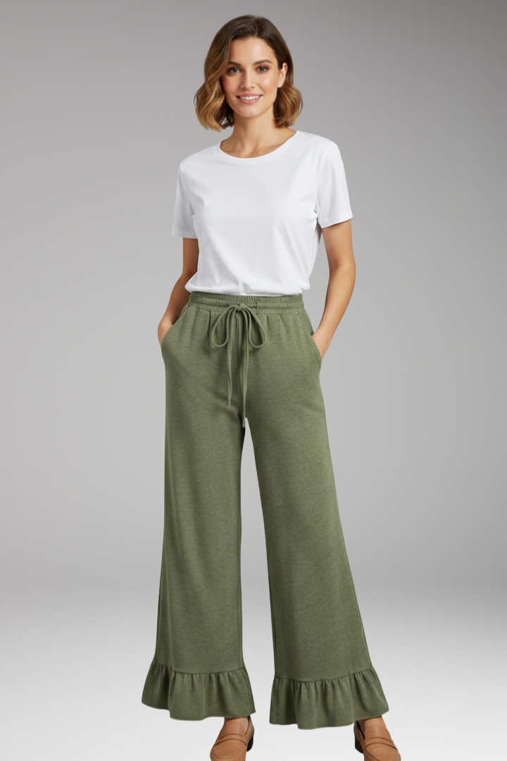 Women's Palazzo Trousers with Ruffle Hem and Elastic Waist