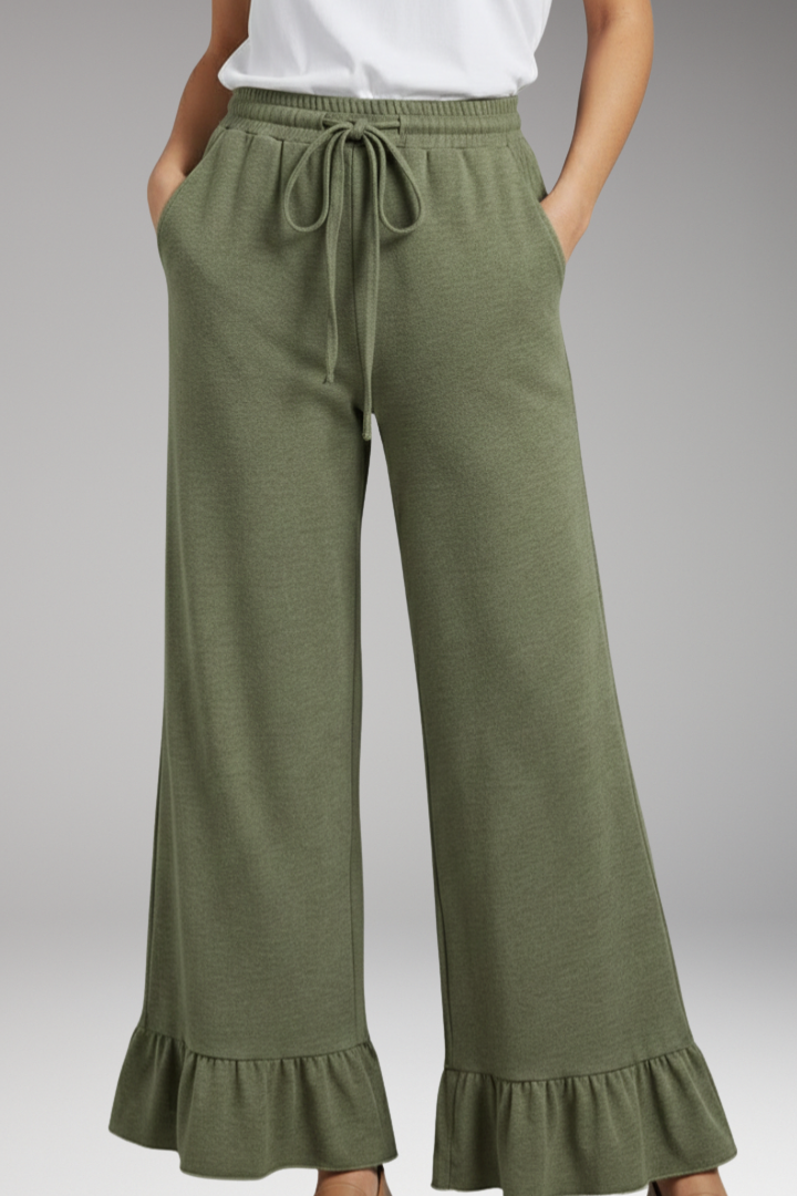 Women's Palazzo Trousers with Ruffle Hem and Elastic Waist