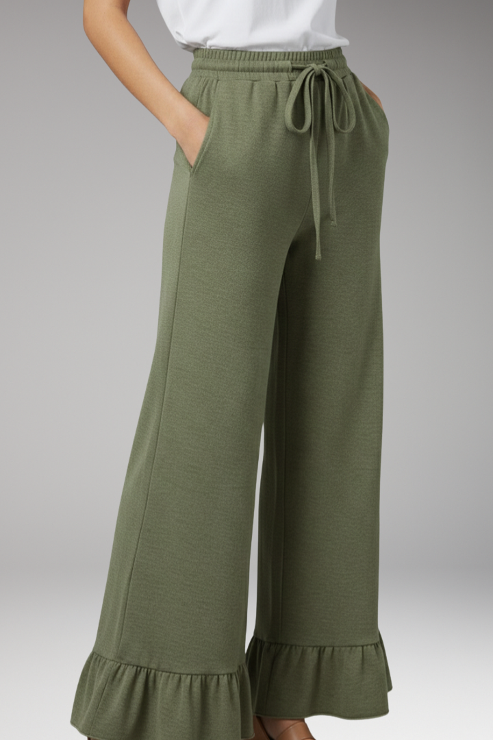 Women's Palazzo Trousers with Ruffle Hem and Elastic Waist