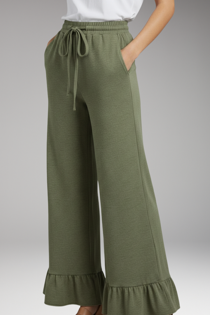Women's Palazzo Trousers with Ruffle Hem and Elastic Waist