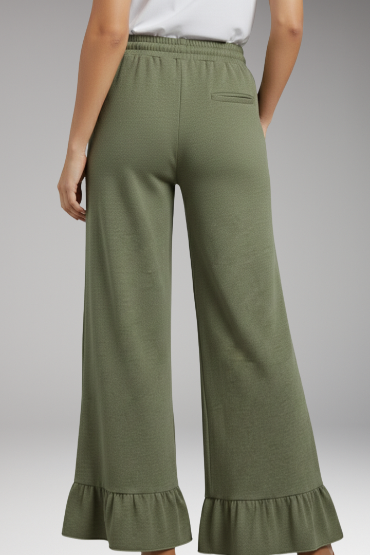 Women's Palazzo Trousers with Ruffle Hem and Elastic Waist