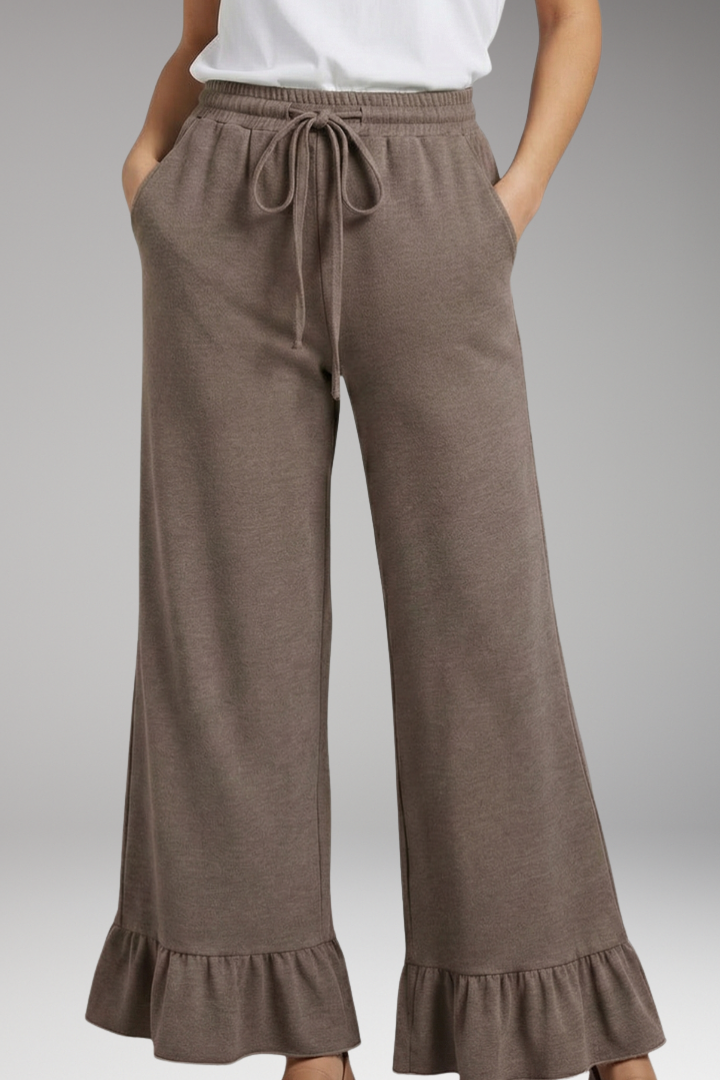 Women's Palazzo Trousers with Ruffle Hem and Elastic Waist