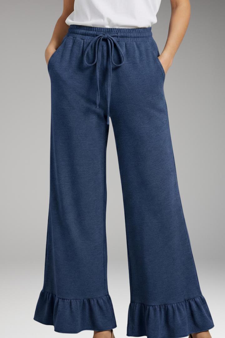 Women's Palazzo Trousers with Ruffle Hem and Elastic Waist