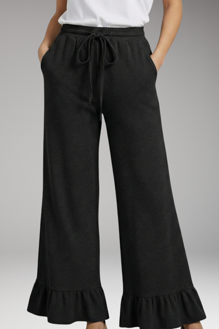 Women's Palazzo Trousers with Ruffle Hem and Elastic Waist