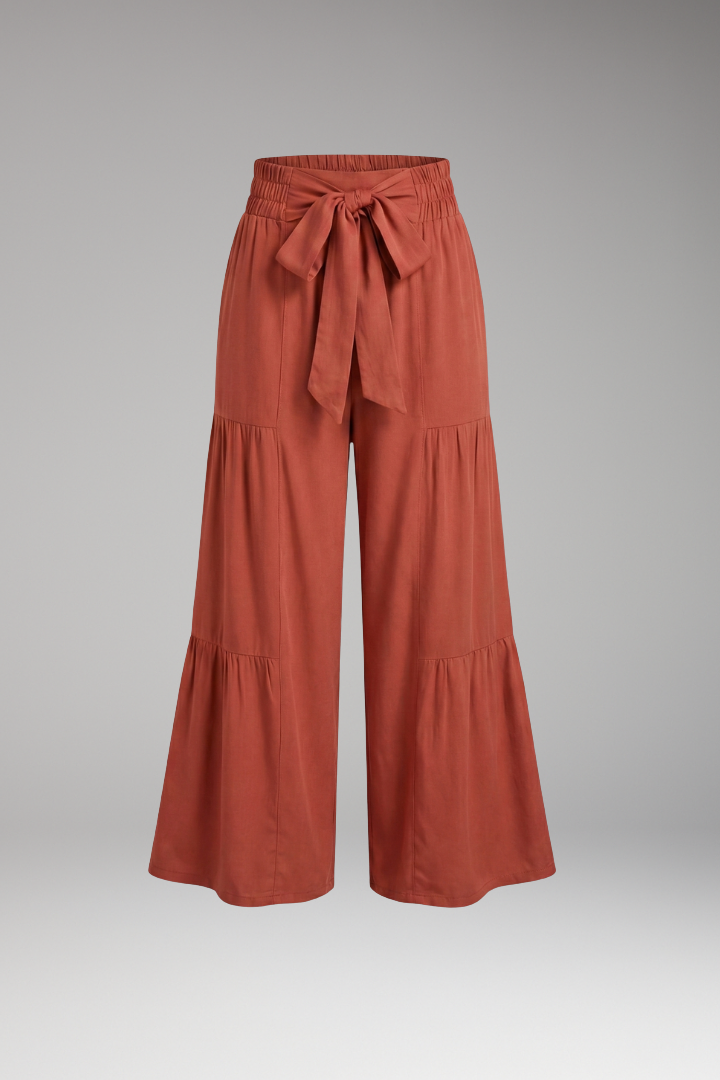 Women's Palazzo Trousers with Tie Belt and Ruffle Panels