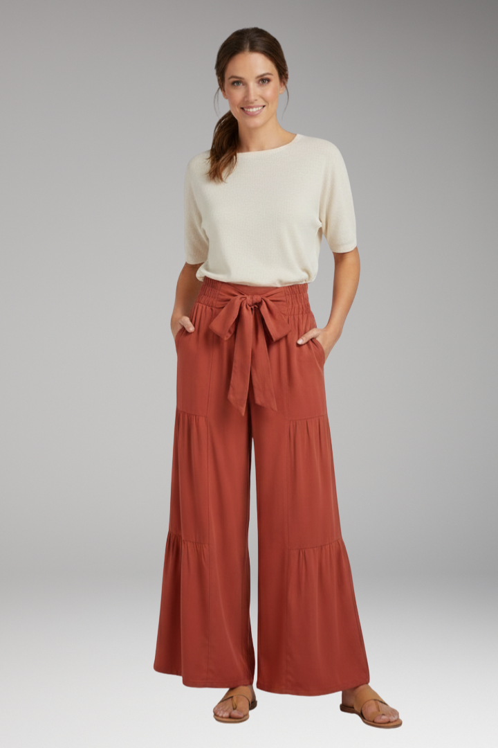 Women's Palazzo Trousers with Tie Belt and Ruffle Panels