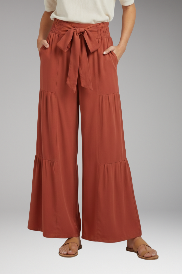 Women's Palazzo Trousers with Tie Belt and Ruffle Panels