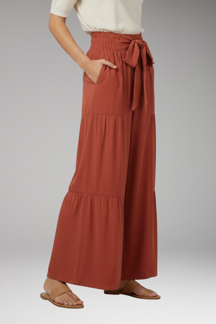 Women's Palazzo Trousers with Tie Belt and Ruffle Panels