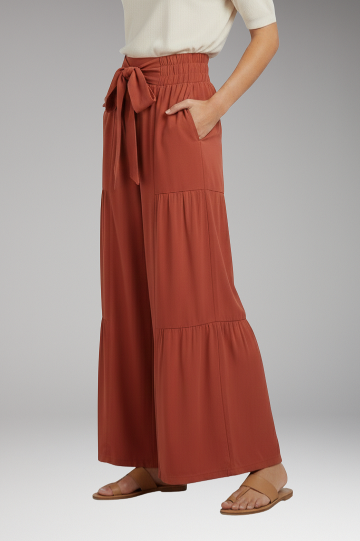Women's Palazzo Trousers with Tie Belt and Ruffle Panels
