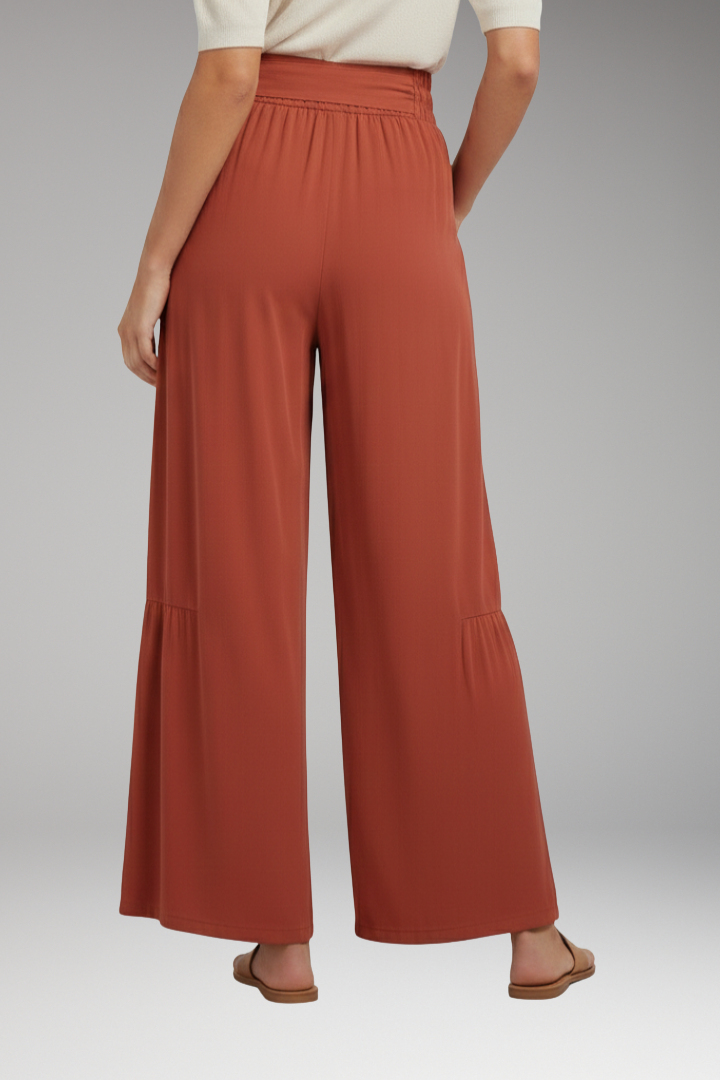 Women's Palazzo Trousers with Tie Belt and Ruffle Panels