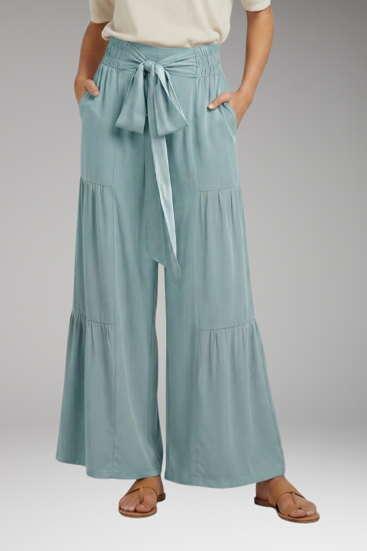Women's Palazzo Trousers with Tie Belt and Ruffle Panels