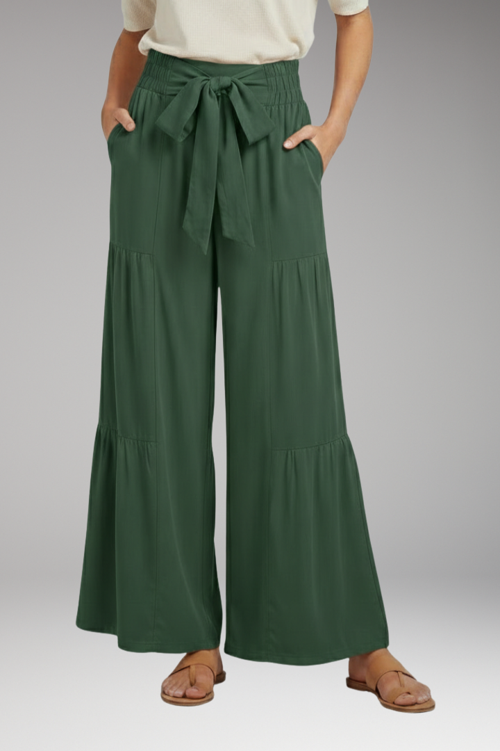 Women's Palazzo Trousers with Tie Belt and Ruffle Panels
