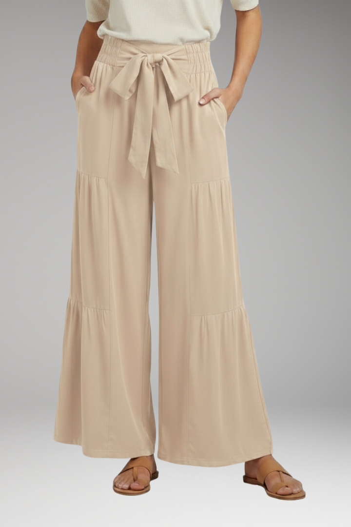 Women's Palazzo Trousers with Tie Belt and Ruffle Panels