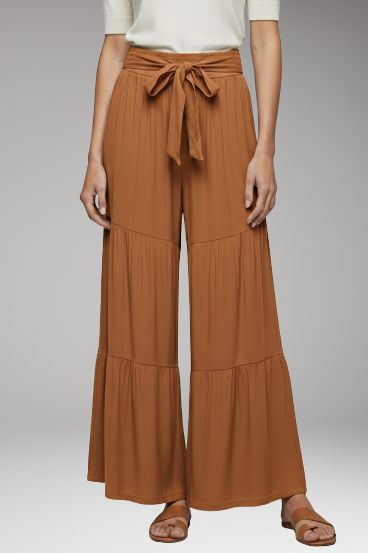 Women's Palazzo Trousers with Tie Waist and Wide Legs