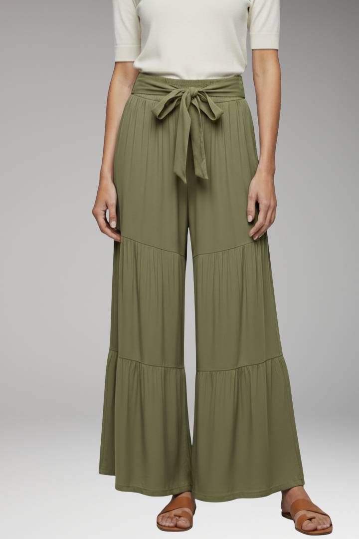 Women's Palazzo Trousers with Tie Waist and Wide Legs