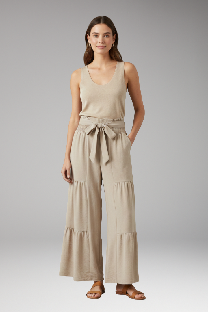 Women's Palazzo Trousers with Waist Belt and Ruffle Hem