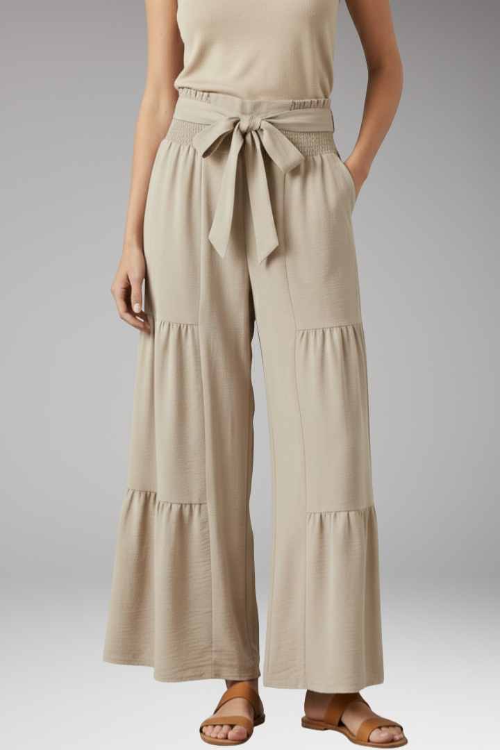 Women's Palazzo Trousers with Waist Belt and Ruffle Hem