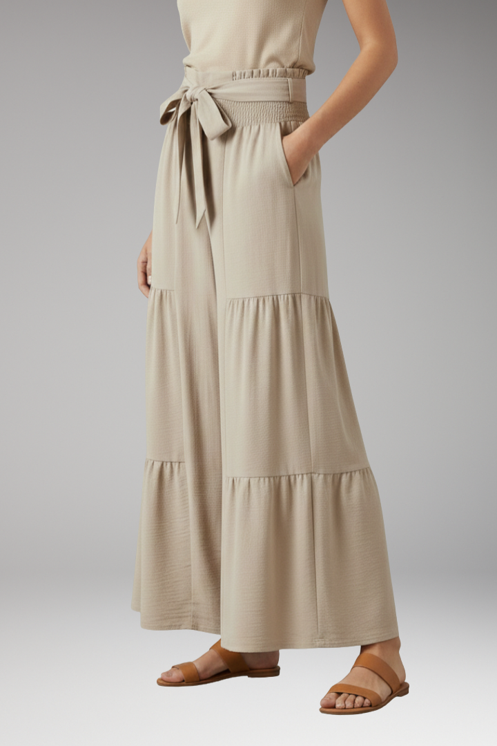 Women's Palazzo Trousers with Waist Belt and Ruffle Hem