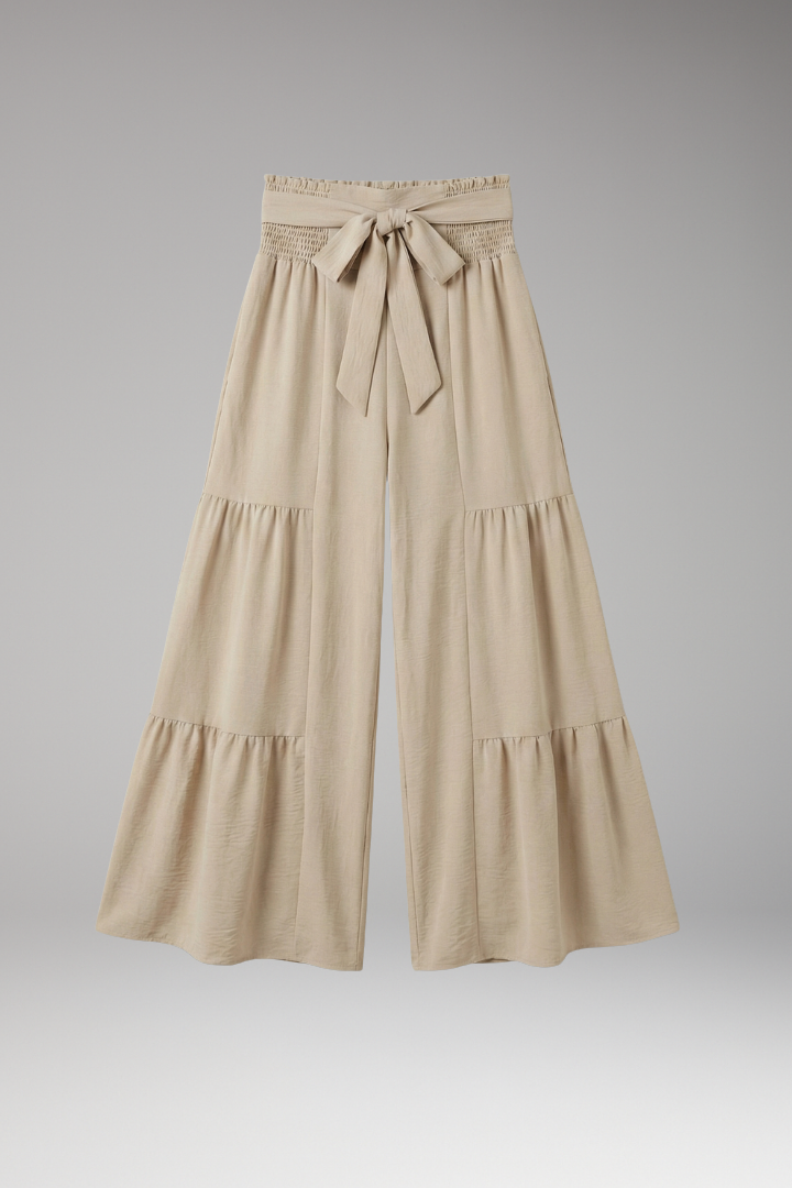 Women's Palazzo Trousers with Waist Belt and Ruffle Hem