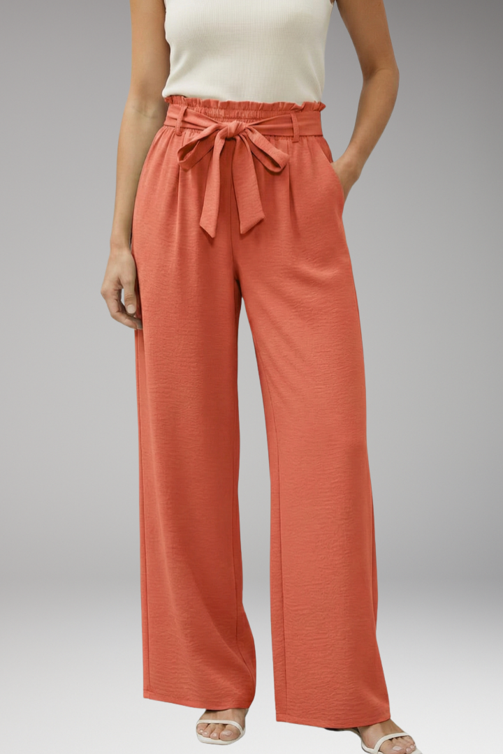 Women's Palazzo Trousers with Waist Tie Belt and Pockets